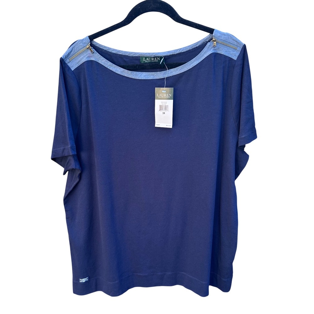 Lauren Ralph Lauren Womens 3X Navy Blue Cotton Zipper Shoulder Boat Neck Top NWT